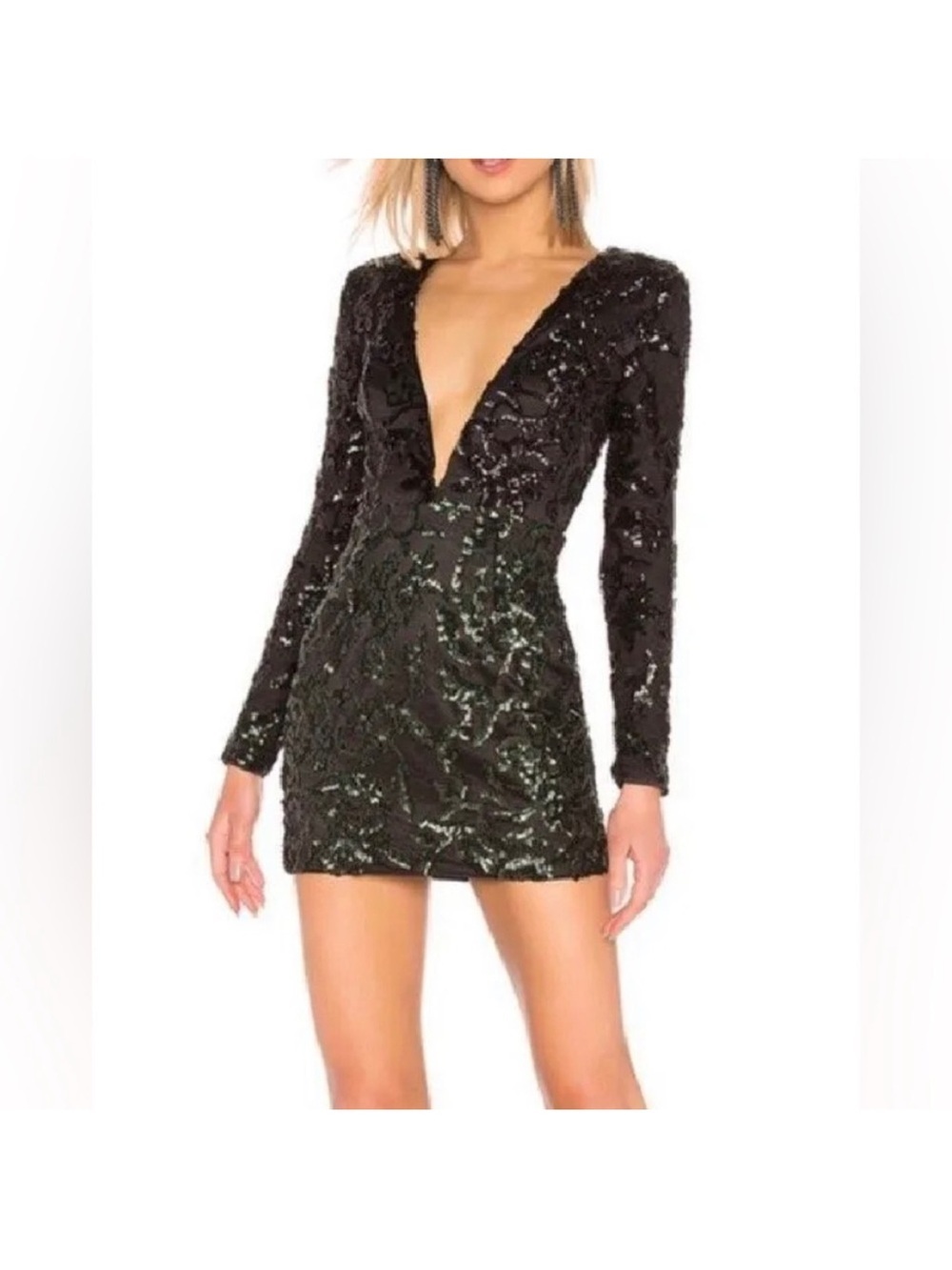 NBD Revolve Gavin Green Black Sequined Cocktail Plunge Mini Dress